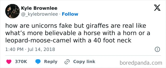 A surprisingly honest post by Kyle Brownlee questioning the realism of unicorns versus giraffes.
