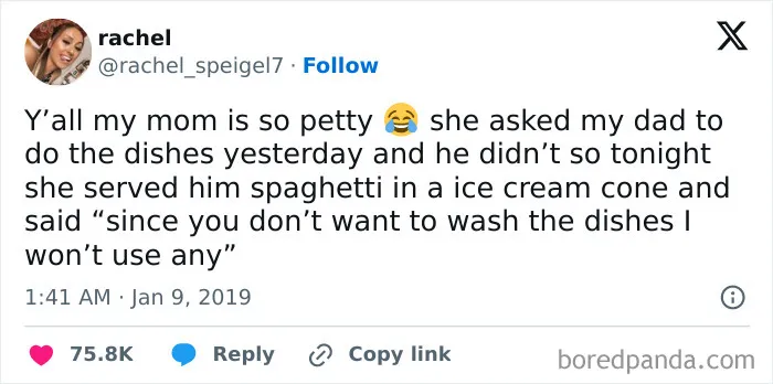 A Twitter post from rachel sharing a surprisingly honest post about her mom's petty spaghetti revenge.