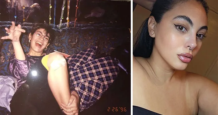 Side-by-side photos showing a woman changed for the better over time, from a younger playful image to a confident adult.