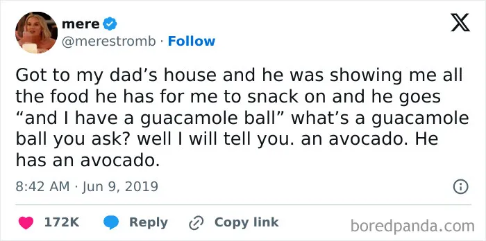 A tweet about a dad calling an avocado a guacamole ball, highlighting people so dumb.
