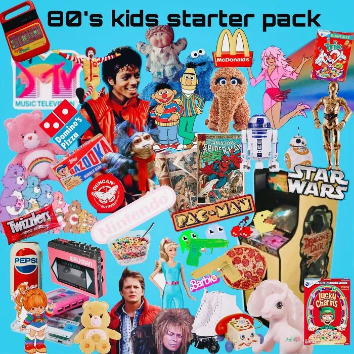An 80's kids starter pack collage, featuring various pop culture items popular with Gen X.