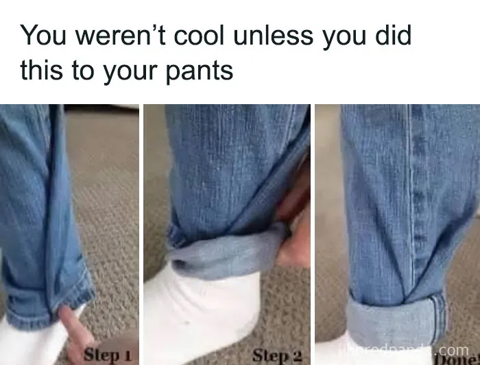 A three-step image showing how to cuff jeans, a classic style choice for Gen X.
