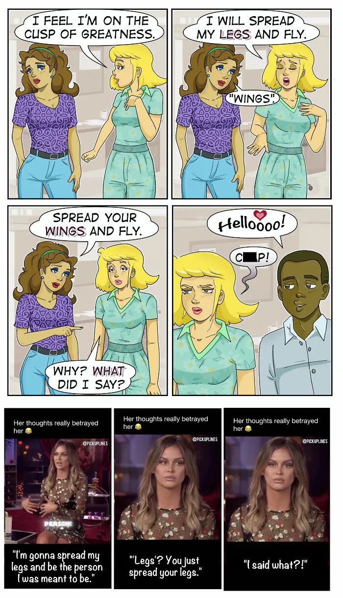 A comic strip about sarcasm and awkward moments showing a woman misinterpreting another woman's words about spreading legs.