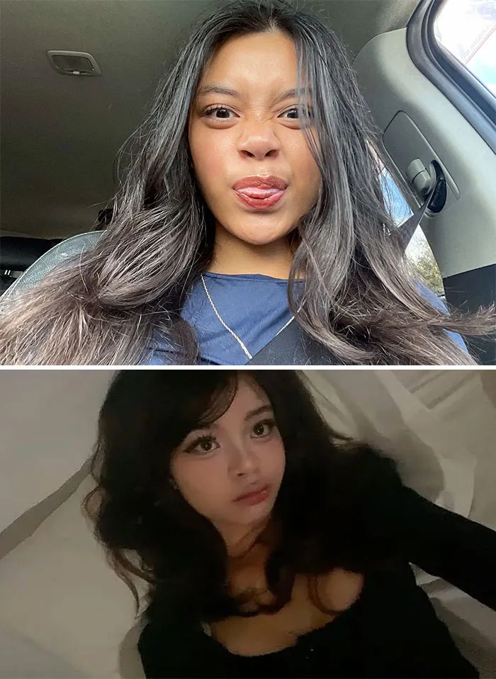 Side-by-side photos of a young woman showing how people changed for the better over time.