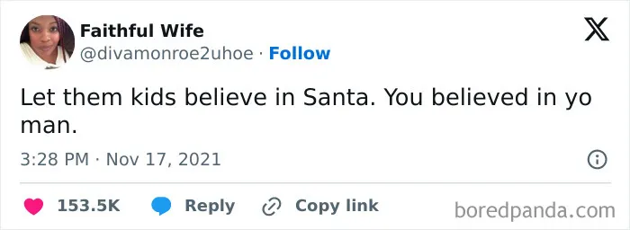 A surprisingly honest post by Faithful Wife on Twitter, advising to let kids believe in Santa.