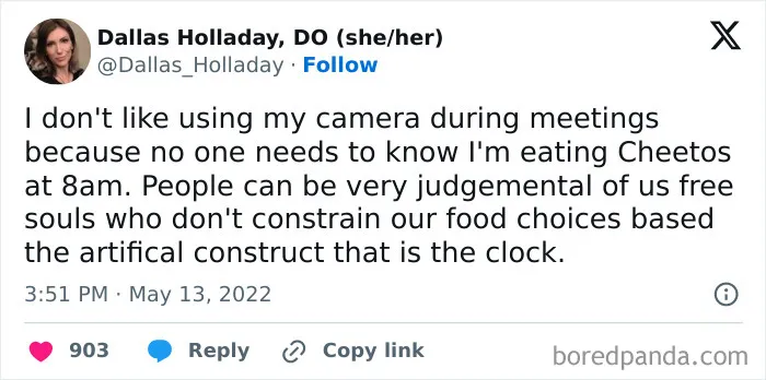 Dallas Holladay's surprisingly honest post on Twitter about eating Cheetos at 8 am during meetings, advocating for food freedom.