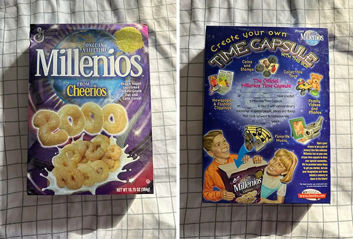 An old Millenios from Cheerios cereal box and a box for a time capsule, products found at home that prove some people never throw anything away.