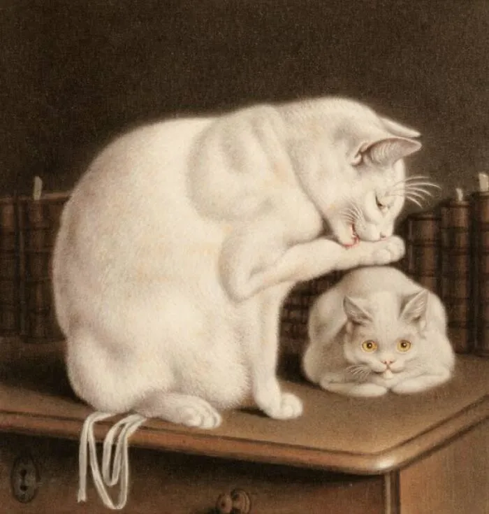 A detailed painting of a white cat grooming its paw, with a smaller white cat sitting nearby, part of a collection of cat paintings.
