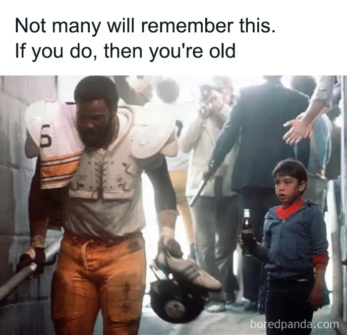 A meme of Mean Joe Greene and a boy, representing a classic commercial many Gen X individuals will remember.