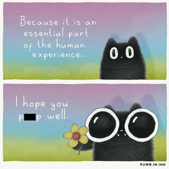 Adorable illustrations of cat behavior: A black cat offers a flower, wishing someone to poop well, an essential human experience.