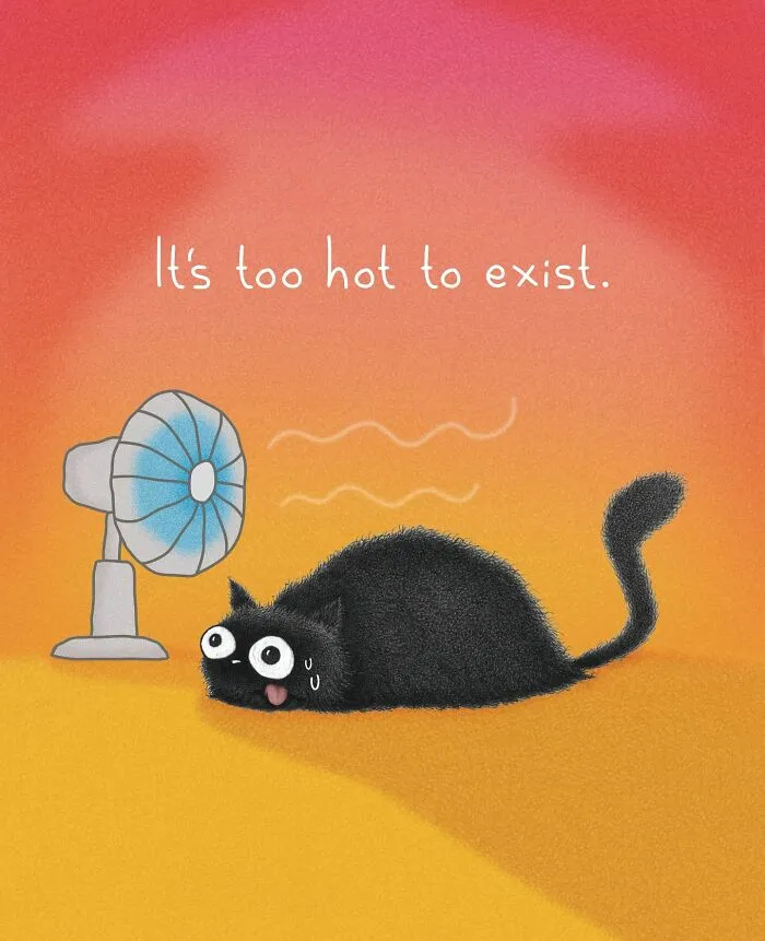 Adorable illustrations of cat behavior: A black cat lies on a hot floor with a fan, tongue out, sweating.