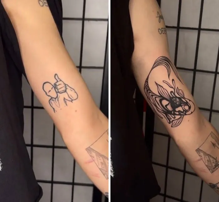 Arm tattoo cover-up: a minimalist figure replaced by an elaborate, illustrative koi fish design.