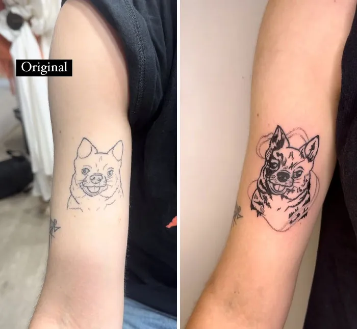 Before and after, an old dog outline tattoo is covered up with a detailed new dog tattoo, transforming old ink.