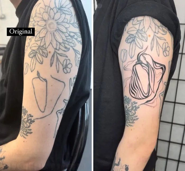 Before and after image of a tattoo cover-up transforming an old outline sleeve into a new abstract design.