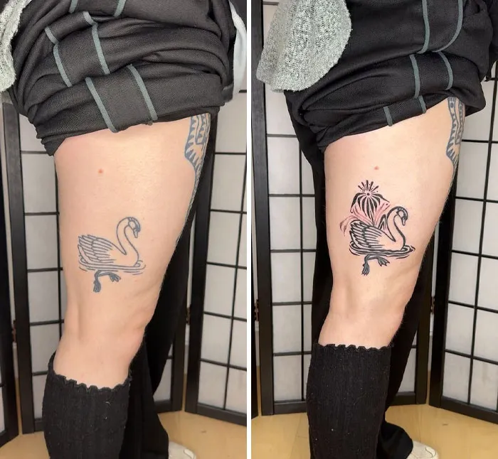An incredible tattoo cover-up showing a simple swan tattoo regret transformed into a more intricate and bold design.