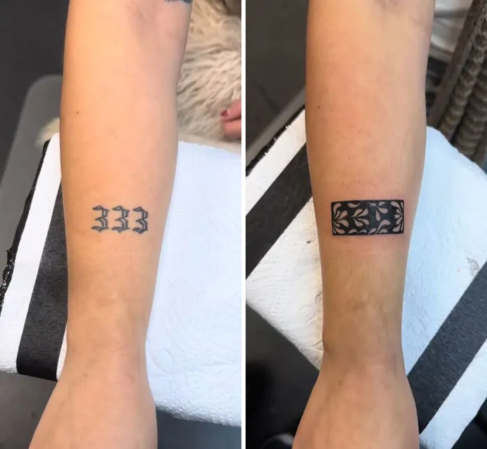 Before and after image of a tattoo cover-up transforming old numerical ink into a decorative band.