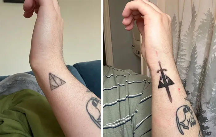 A before-and-after image of a person's forearm, showing a simple triangle tattoo transformed into a sword and triangle design, demonstrating incredible tattoo cover-ups.