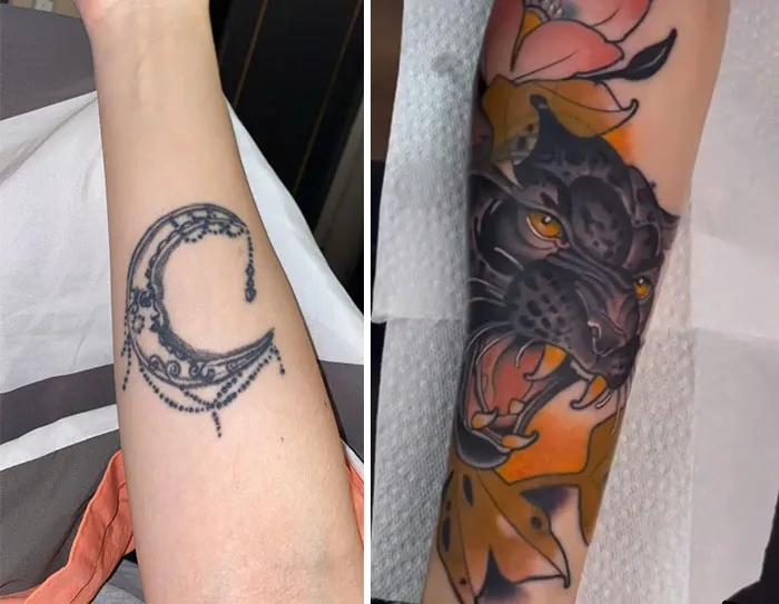 A before-and-after image showing a tattoo cover-up, transforming a delicate moon tattoo into a roaring black panther with colorful leaves.