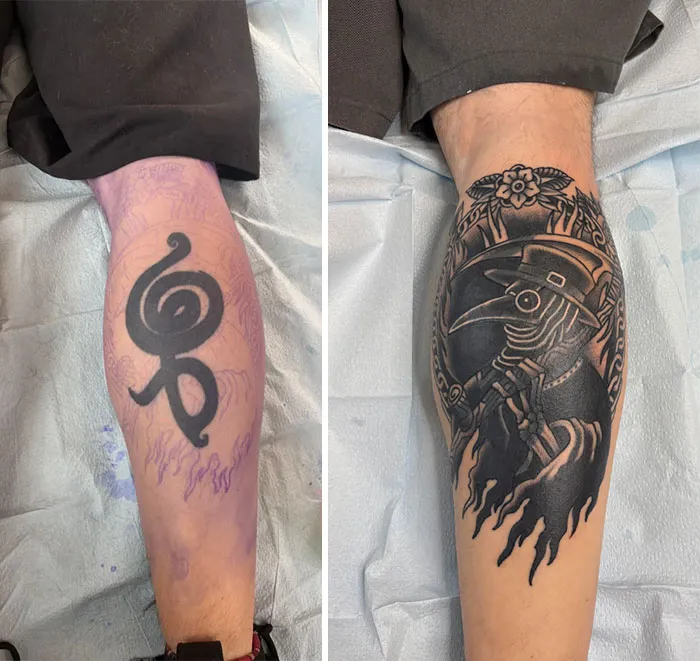 A before-and-after image showing a tattoo cover-up, transforming a black abstract symbol into a dark plague doctor.
