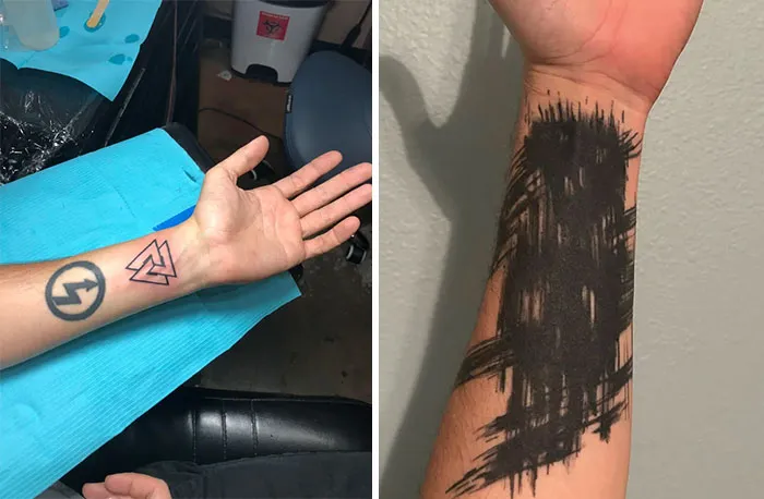 A before-and-after image showing a tattoo cover-up, transforming two small wrist tattoos into an abstract black brushstroke design.
