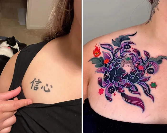 A before and after image showing an old kanji tattoo transformed into a vibrant Totoro-themed floral cover-up.