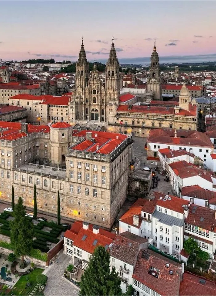 Panoramic view of Santiago de Compostela cathedral, an example of buildings with character dominating the skyline.