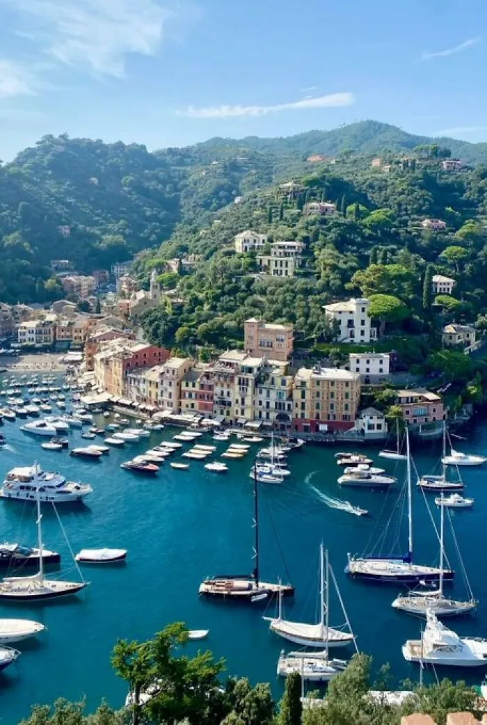 A picturesque harbor village with colorful buildings nestled along a hillside, overlooking a bay filled with boats, a scene with character.