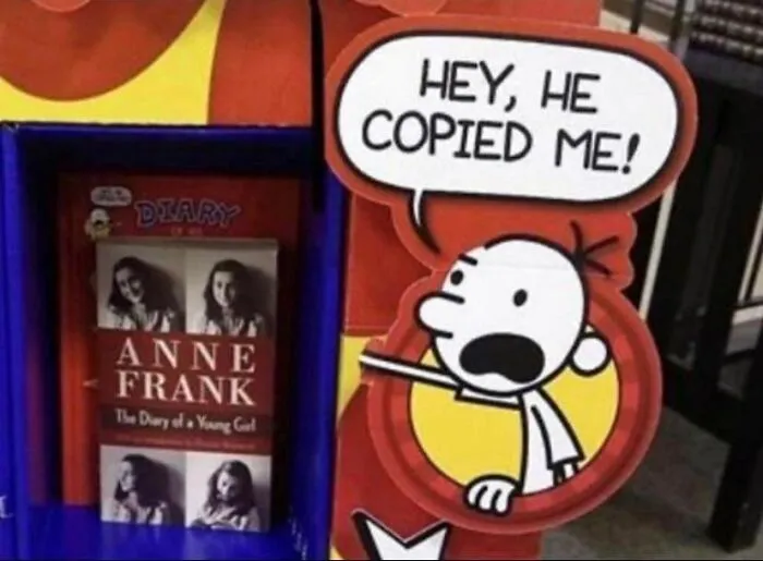 An ad for Diary of a Young Girl next to a Diary of a Wimpy Kid display, which says Hey, he copied me!, creating a humorous ad placement.