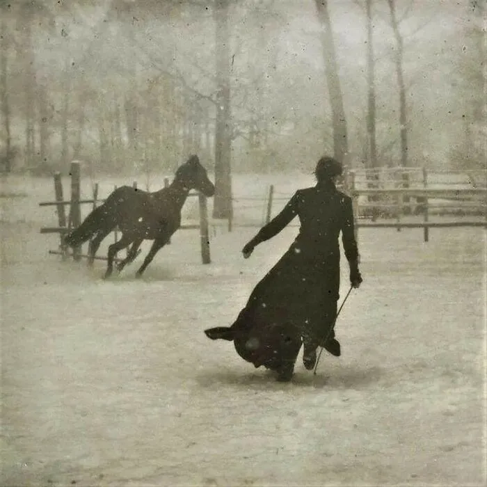 A Lady With Her Horse On A Snowy Day In 1899