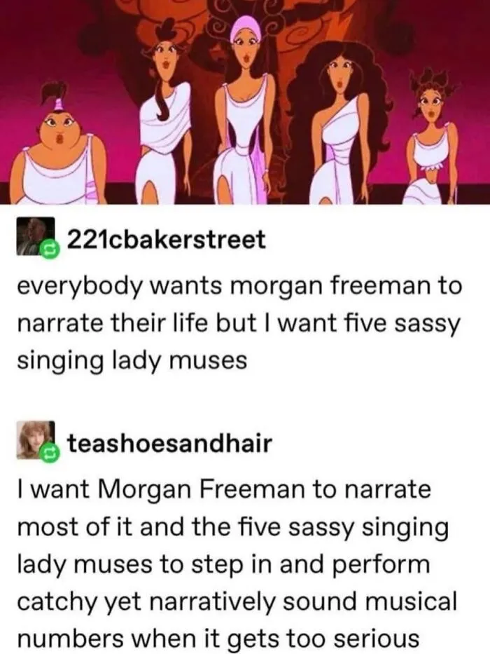 A funny Tumblr post featuring an image of five Muses from Disney's Hercules, with text about life narration.