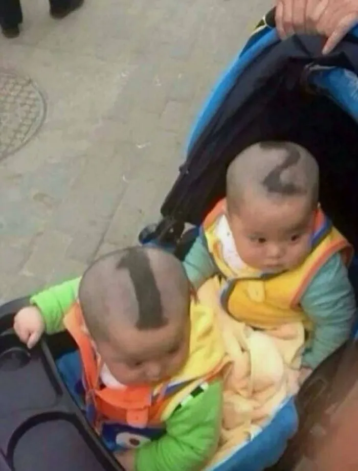 Two babies with numbers shaved into their hair in a stroller, one of many random and unhinged images.