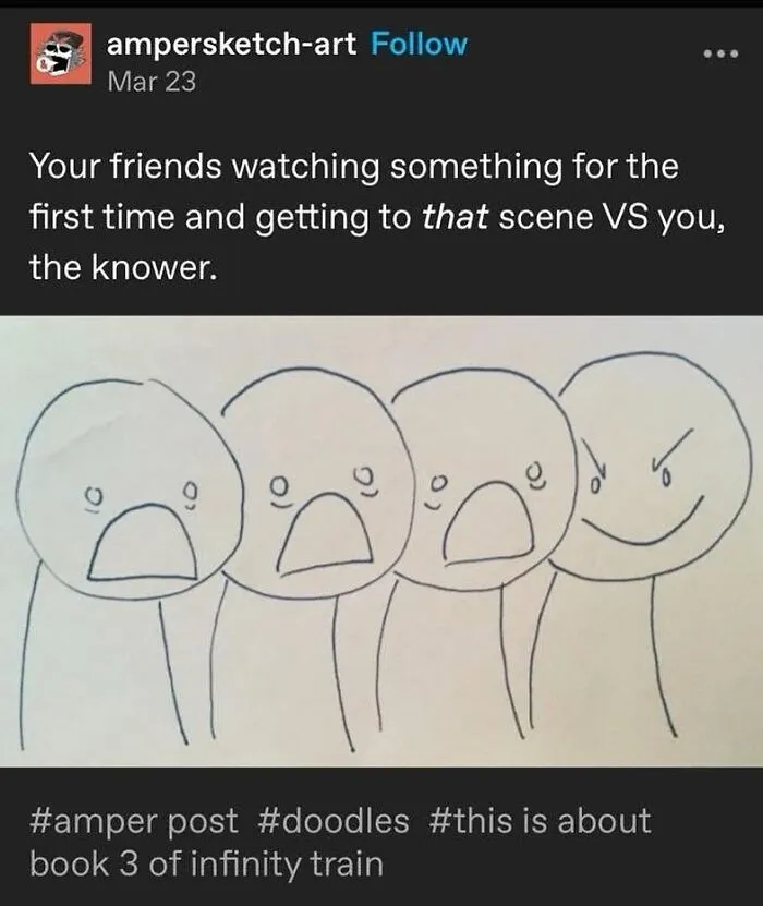 A funny Tumblr post with a drawing of four stick figures; three are scared, one is smiling, representing funny friends reactions.