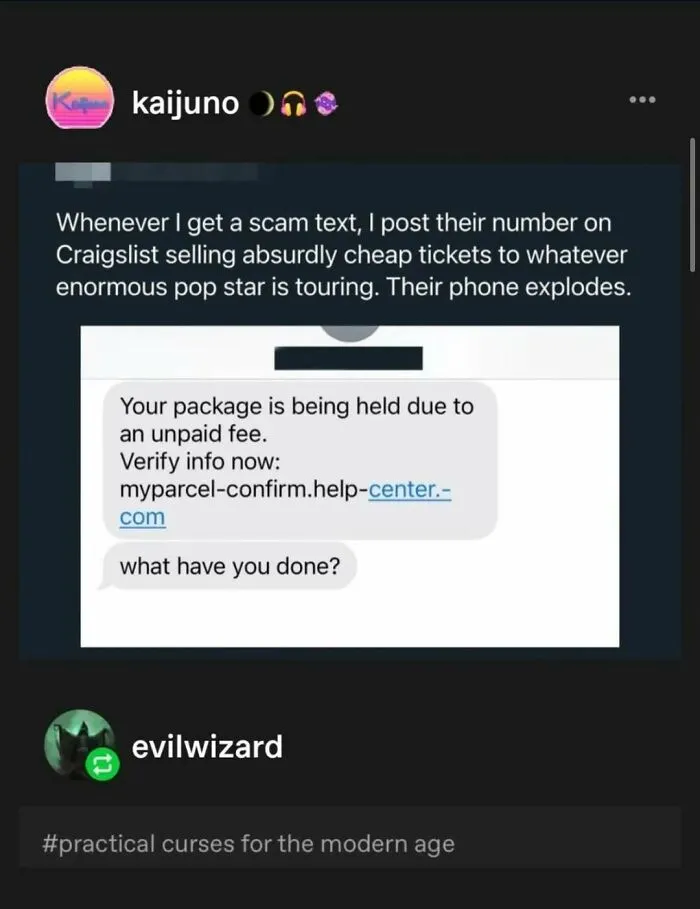 Funny Tumblr Posts: A screenshot of a text message scam and a social media post explaining a clever, funny way to retaliate against scammers.