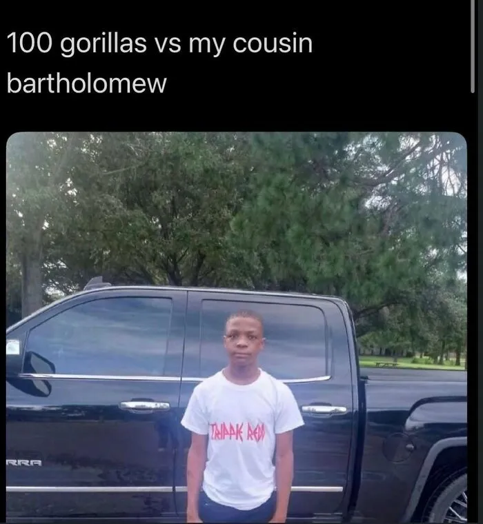 A meme showing a young man, Bartholomew, standing in front of a truck, humorously pitted against 100 gorillas, unhinged content to change your mood.