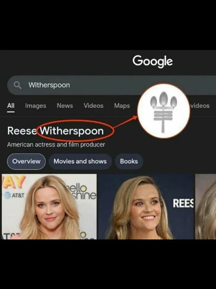 A meme showing a Google search for Witherspoon with an icon of three spoons. This unhinged meme will change your mood.