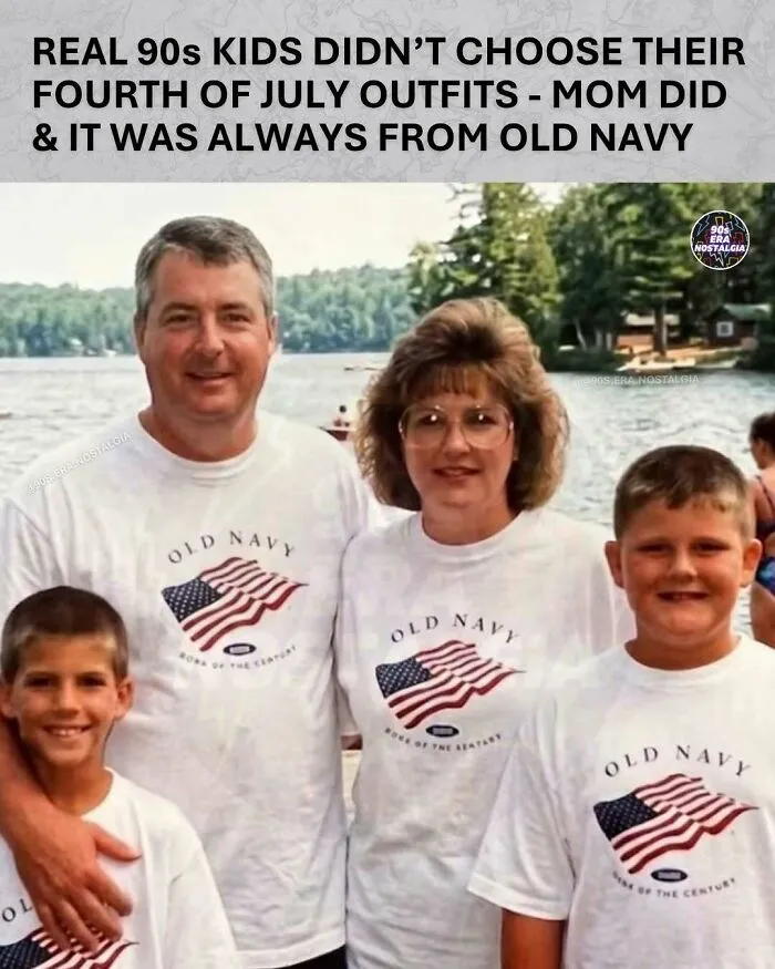 A family portrait featuring parents and two young boys, all wearing matching Old Navy American flag shirts, a hilarious 90s meme.
