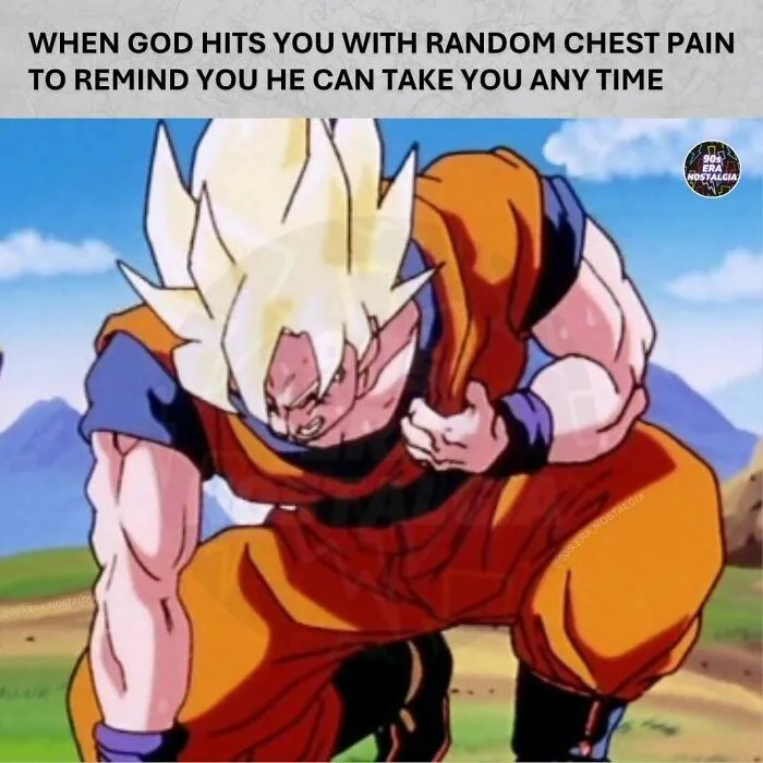An illustration of Dragon Ball Z character Goku powered up in Super Saiyan form, crouching with a pained expression, a hilarious 90s meme.