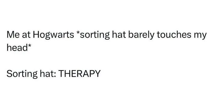 A meme for neurodivergent brains with text: Me at Hogwarts *sorting hat barely touches my head* Sorting hat: THERAPY.