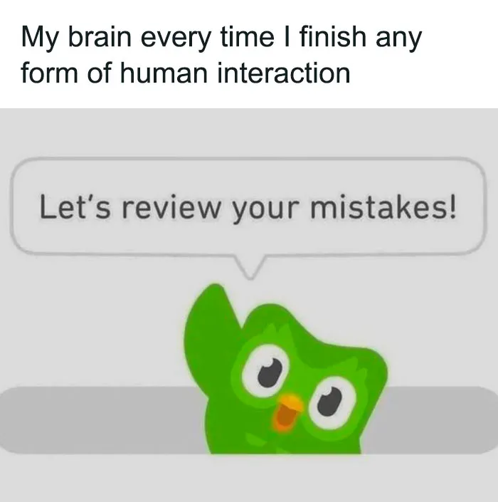 A neurodivergent meme, a Duolingo owl saying Let's review your mistakes after human interaction.