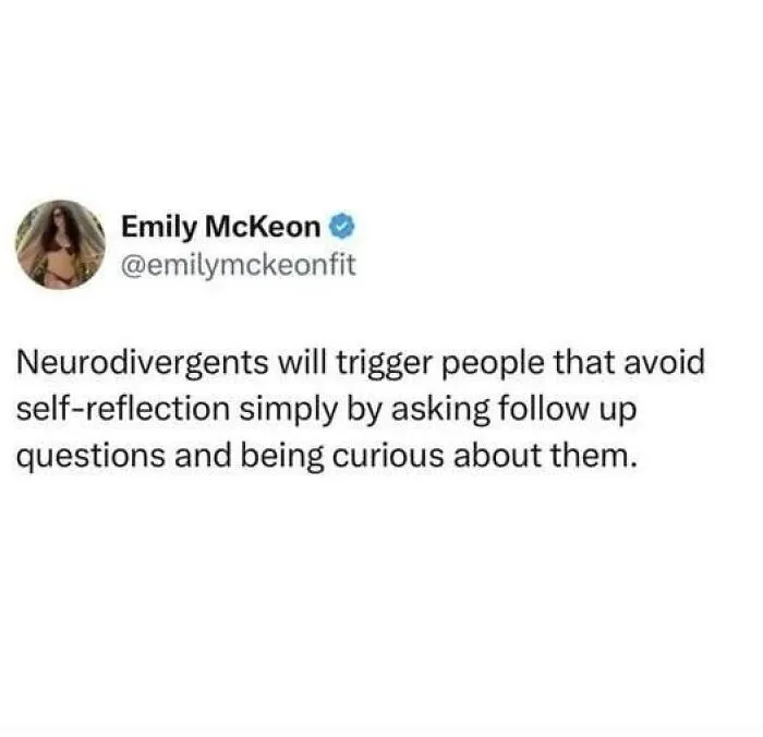 A neurodivergent brain meme explaining how neurodivergents trigger people who avoid self-reflection.