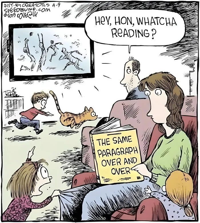 A comic meme depicting a neurodivergent brain struggling to read a paragraph while distractions abound.