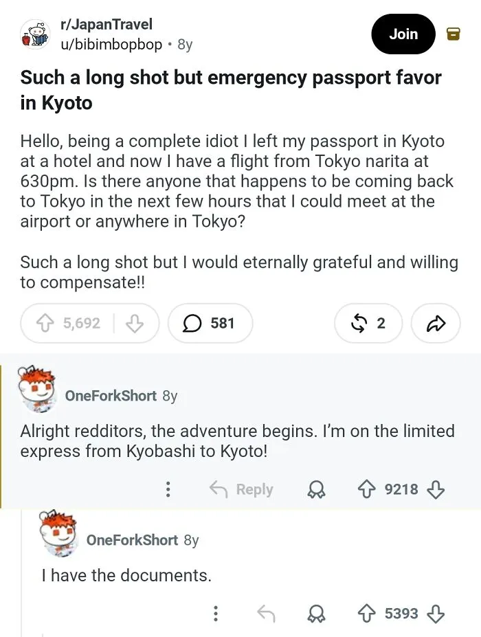 Redditor Forgot Her Passport In A Hotel In Kyoto, Have A Plane To Catch In Tokyo In 6 Hours, U/Oneforkshort Collected It And Delivered In 4