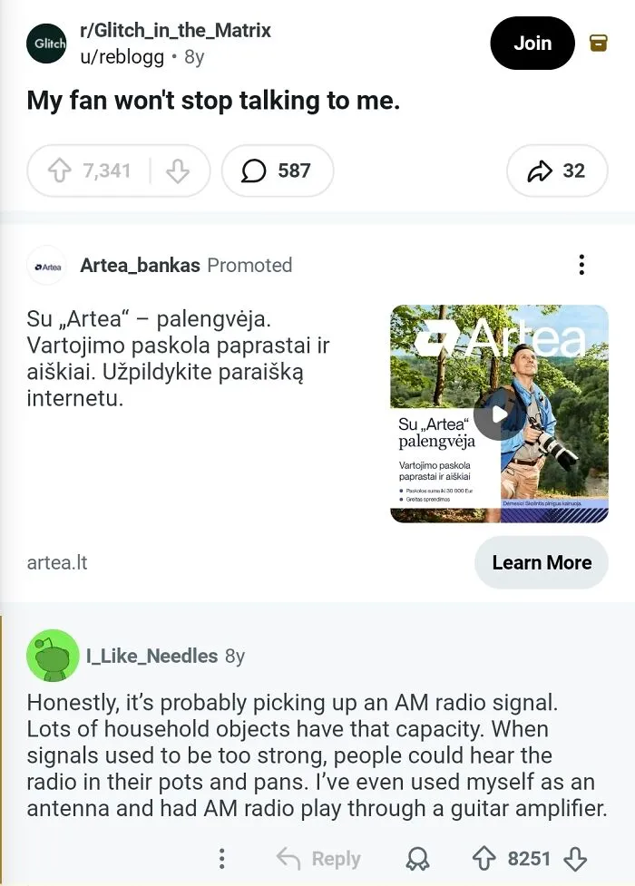 Redditor Hears Voices Coming From His Electric Fan, Thinks He's Going Crazy. Fellow Redditor Explains It Is Probably Picking Up An Am Radio Signa