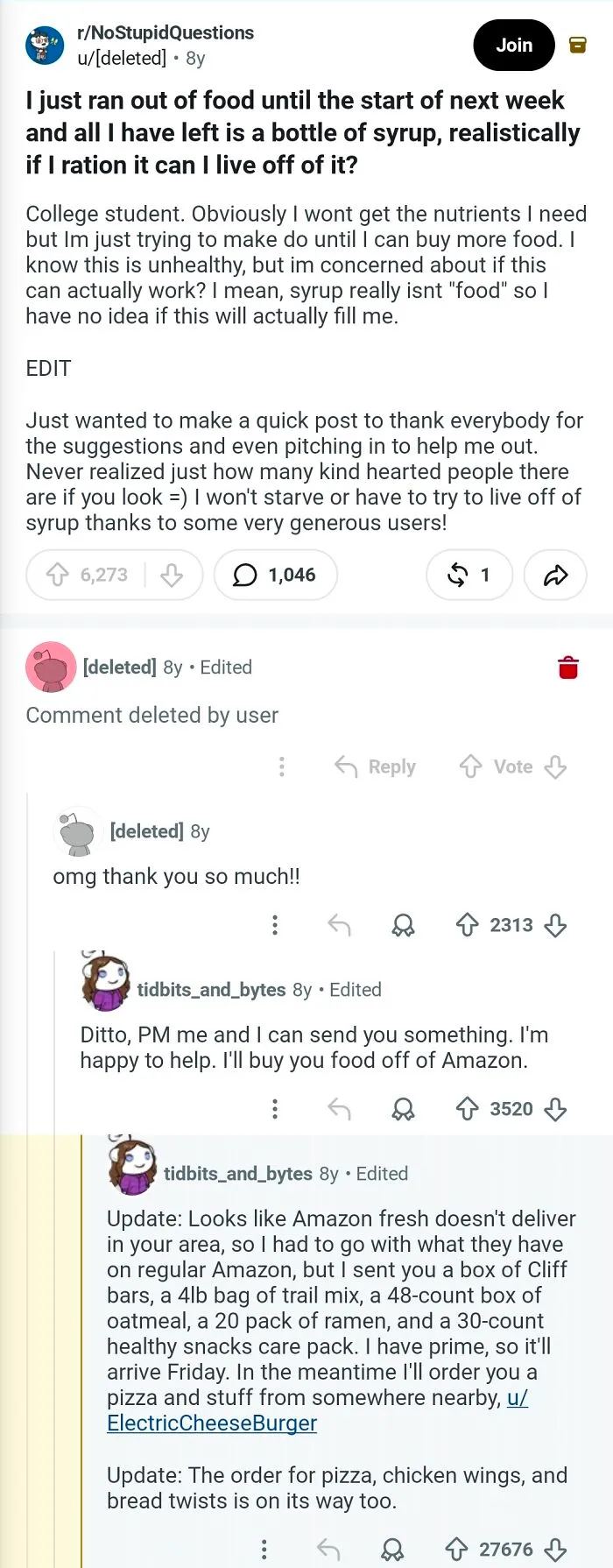Redditor Orders One Month Worth Of Food To Redditor That Was Left With Only Syrup For A Week