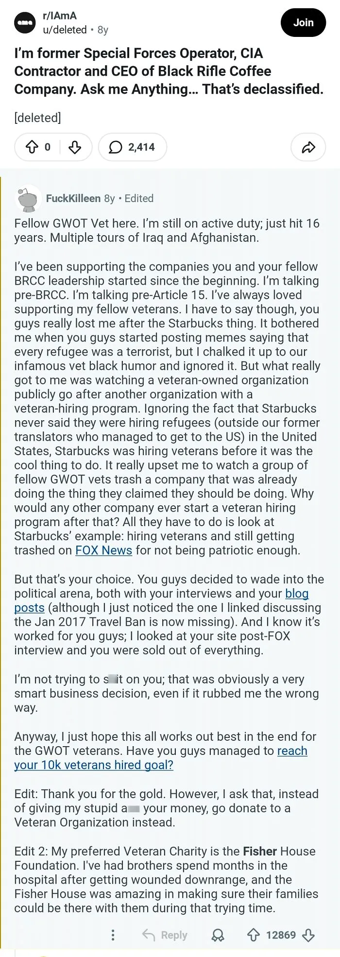 A Reddit post about comments in the hall of fame, featuring a user sharing an experience as a veteran and a special forces operator.