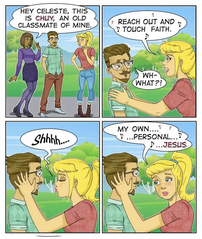 A four-panel comic showing a woman named Celeste making awkward jokes about Jesus to a new acquaintance, demonstrating sarcasm.