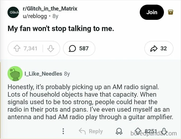 Redditor Hears Voices Coming From His Electric Fan, Thinks He's Going Crazy. Fellow Redditor Explains It Is Probably Picking Up An Am Radio Signa