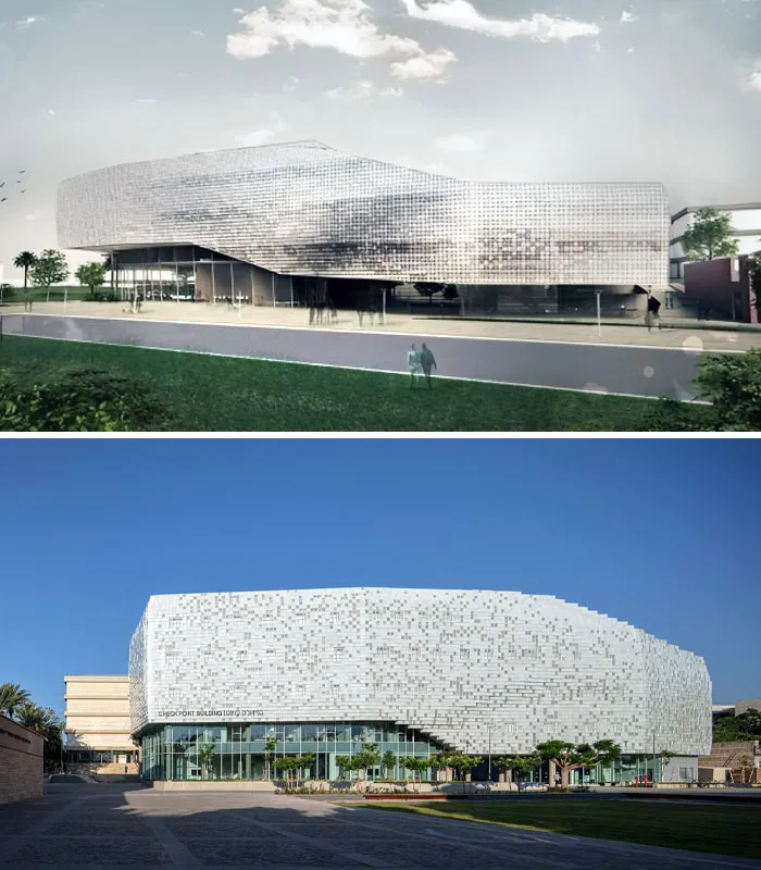Architects' vision of a modern, curved building vs. the reality of the textured, white Checkpoint Building.