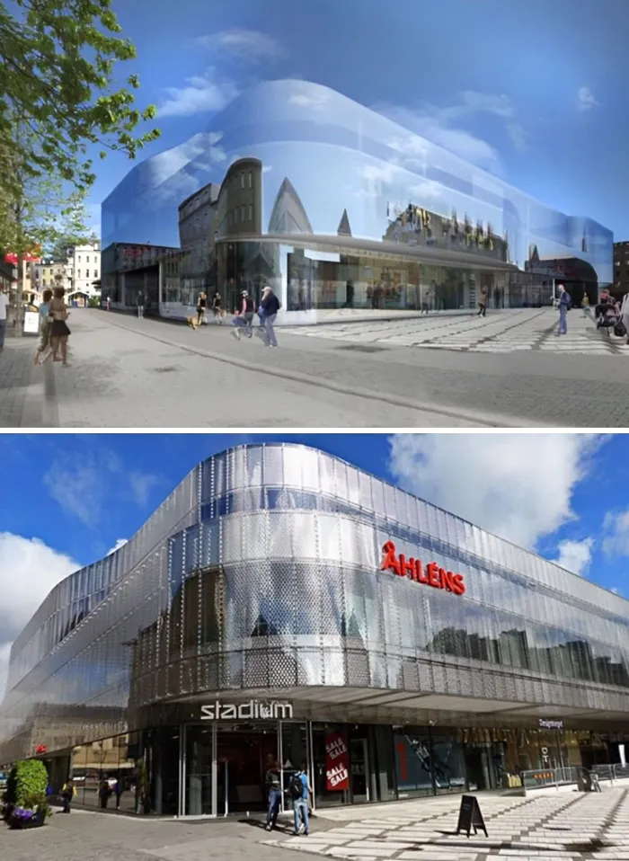 Architects' vision of a curved glass building compared to the reality of the completed Åhléns and Stadium building.