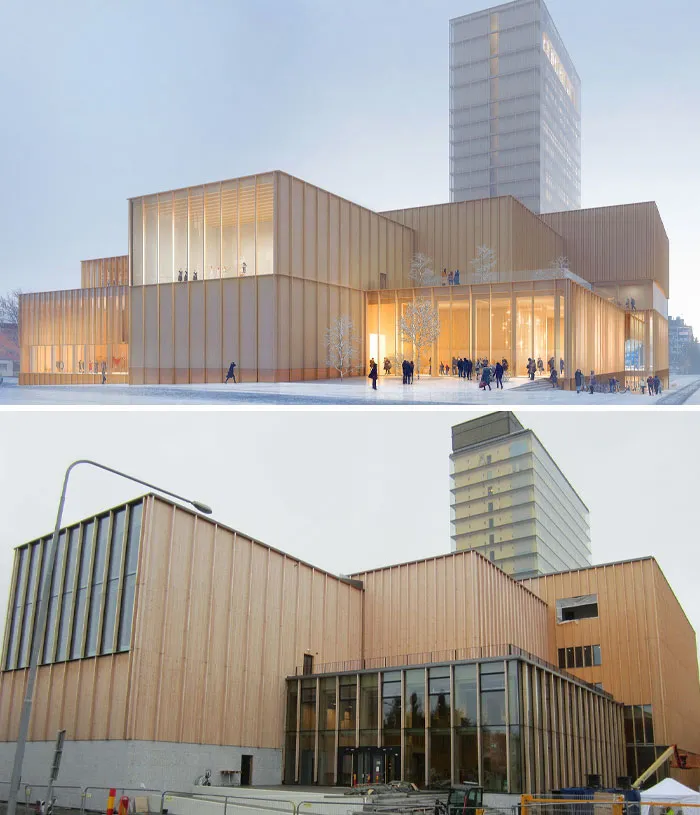 A split image shows an architect's vision for a modern building and the less refined reality of its completion.